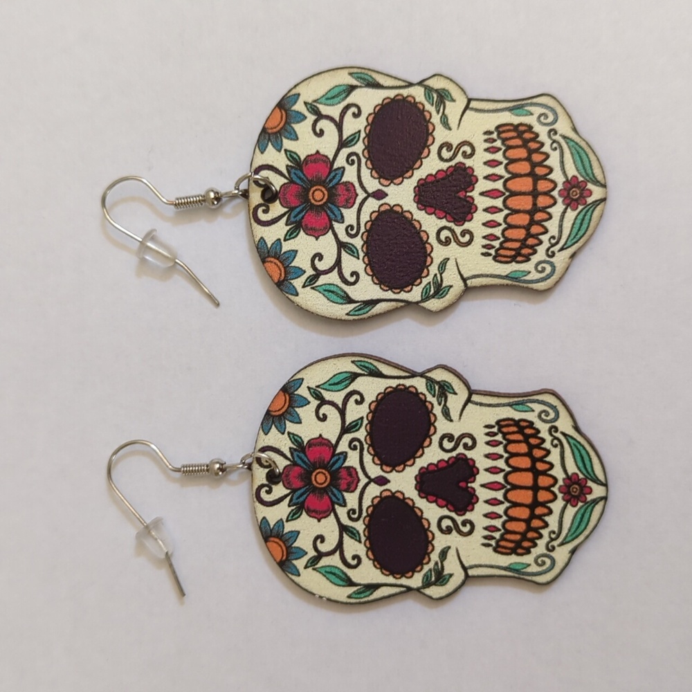 Dead of the Dead Painted Wood Sugar Skull Earrings